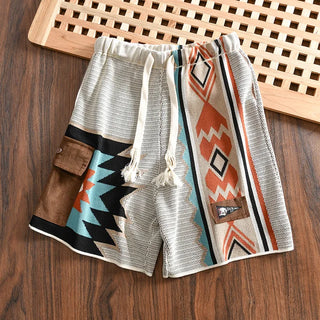 VintageAthletic Herren Sommer Geometrische Strick-Shorts mit Sportlicher Stickerei