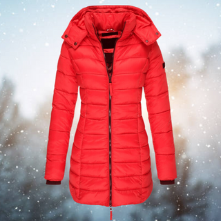 Elaika Winterjacke in leuchtendem Rot mit Kapuze und quiltetem Design. Diese elegante Jacke bietet nicht nur hervorragenden Schutz vor der Kälte, sondern sorgt auch für einen auffälligen Look an kalten Wintertagen.