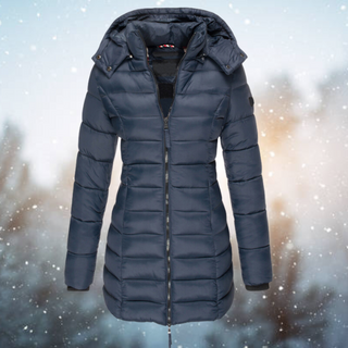 Elaika Winterjacke in Dunkelblau mit Kapuze und quiltetem Design, perfekt für kalte Tage. Diese elegante Jacke bietet sowohl Wärme als auch Stil und ist ideal für die Wintermonate.