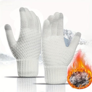Elderon warme weiße Handschuhe mit gestricktem Design und Touchscreen-kompatiblen Spitzen, ideal für kaltes Wetter und komfortable Nutzung.