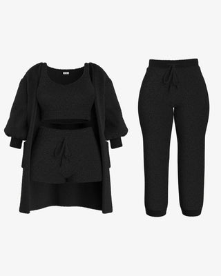Havira Damen Set in klassischem Schwarz, bestehend aus einem weichen Cardigan, einem gemütlichen Oberteil und passenden Hosen. Perfekt für entspannte Tage und vielseitig einsetzbar für verschiedene Anlässe.