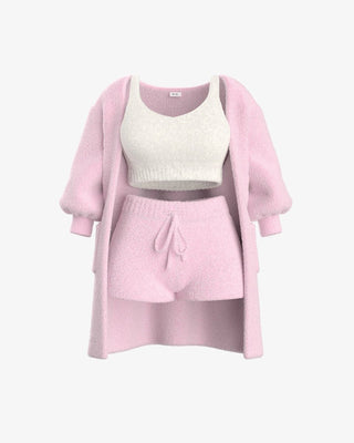 Havira Damen Set in zartem Rosa, bestehend aus einem flauschigen Cardigan, einem weichen Oberteil und Shorts. Ideal für entspannte Momente oder gemütliche Freizeitaktivitäten.