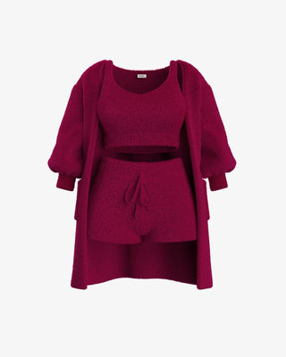Havira Damen Set in Rot, bestehend aus einem flauschigen Cardigan, einem bequemen Oberteil und Shorts. Perfekt für entspannte Tage oder gemütliche Abende zu Hause.