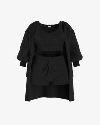 Havira Damen Set in schwarz, bestehend aus einem flauschigen Cardigan, einem bequemen Oberteil und Shorts. Perfekt für entspannte Tage oder gemütliche Abende zu Hause.