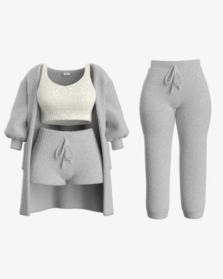 Havira Damen Set in weichem grauen Strick mit einem gemütlichen Cardigan, einem kurzärmeligen Oberteil und bequemen Hosen oder Shorts. Perfekt für entspannte Tage zu Hause oder für einen modernen Freizeitlook. Vielseitig und bequem für jede Gelegenheit.