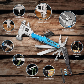 Kreox Multifunktionales Multitool mit 18 Funktionen, darunter Hammer, Schraubenzieher, Zange, Flaschenöffner, Drahtschneider und mehr, in einem kompakten Design, ideal für verschiedene Handwerksarbeiten.