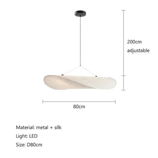 Technische Skizze der LichtEleganz Leuchte: Handgefertigte Designerlampe aus Metall und Seide, ausgestattet mit LED-Beleuchtung, Durchmesser 80 cm, höhenverstellbar bis 200 cm.