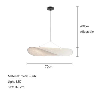 Technische Skizze der LichtEleganz Leuchte: Handgefertigte Designerlampe aus Metall und Seide, ausgestattet mit LED-Beleuchtung, Durchmesser 70 cm, höhenverstellbar bis 200 cm