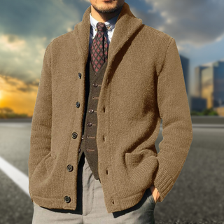 Liora Chique Vest in stilvollem Braun für Herren. Das elegante Strickdesign mit Knopfleiste und hohem Kragen verleiht diesem vielseitigen Kleidungsstück einen zeitlosen Look – perfekt für formelle und gehobene Freizeit-Outfits.